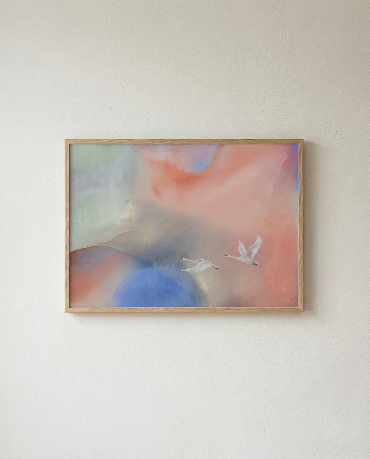 Soft Colors, Soft Life kunsttryk i egetræsramme på væg