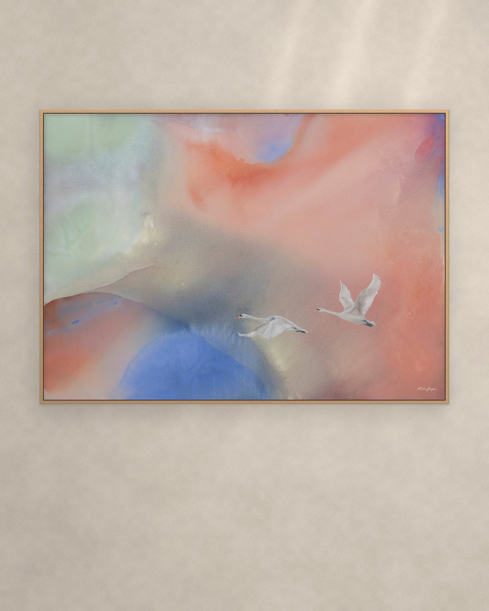 Soft Colors, Soft Life kunsttryk i egetræsramme på væg